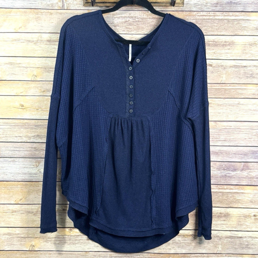 Free People Navy Blue Long Sleeve Leo Henley Waffle Knit Henley Top XS